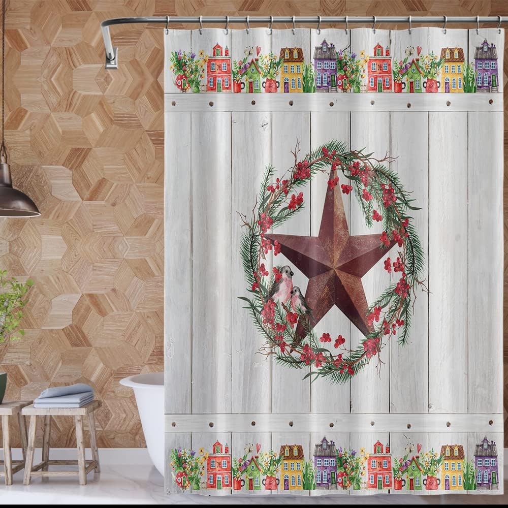Rustic Texas Star Shower Curtain with Country Farmhouse and Wooden Plank Barn Decor for Primitive Bathroom Design