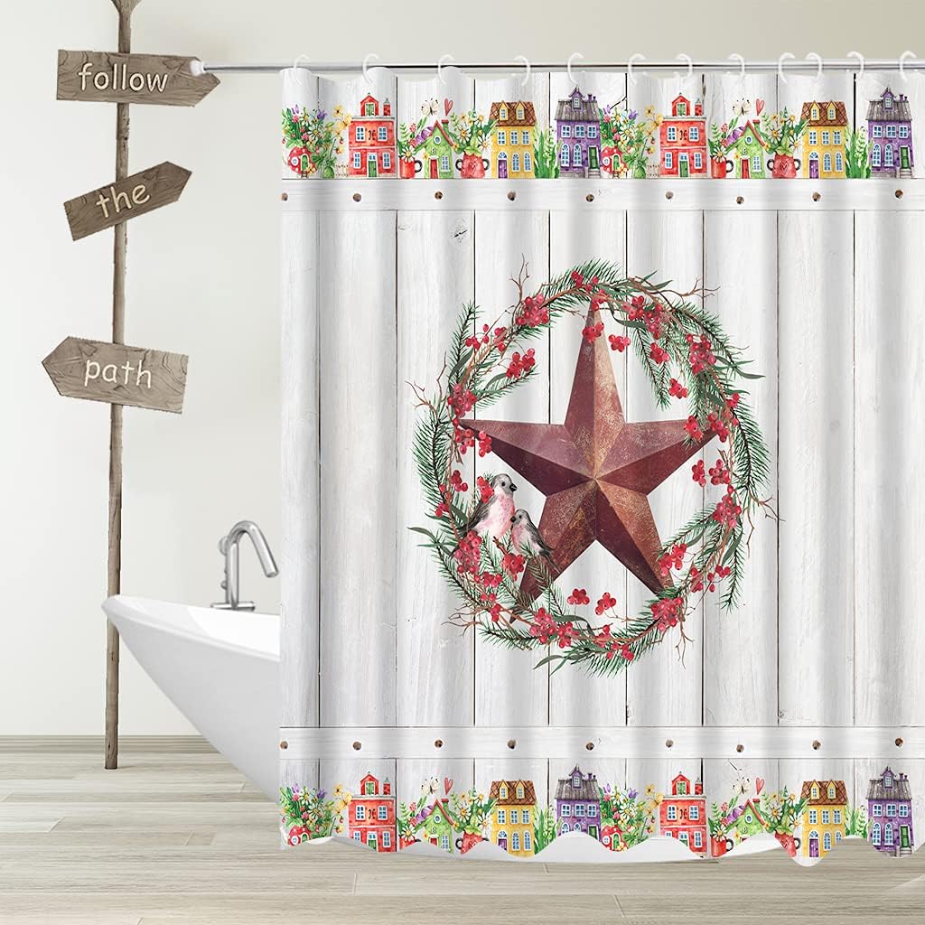 Rustic Texas Star Shower Curtain with Country Farmhouse and Wooden Plank Barn Decor for Primitive Bathroom Design