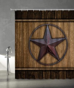 Rustic Texas Star Wooden Shower Curtain, Barn Country Farmhouse Bathroom Decor