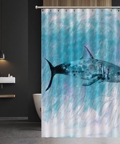 Rustic Washable Shower Curtain Decorative For Bathroom Bathtub, Marine Theme Marine Life Shark Blue Background