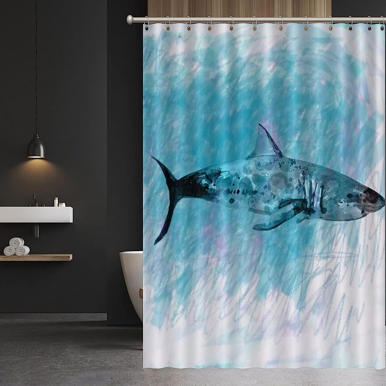 Rustic Washable Shower Curtain Decorative For Bathroom Bathtub, Marine Theme Marine Life Shark Blue Background