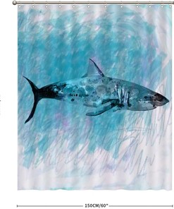 Rustic Washable Shower Curtain Decorative For Bathroom Bathtub, Marine Theme Marine Life Shark Blue Background