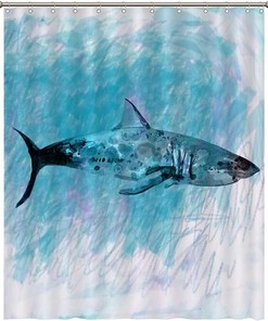 Rustic Washable Shower Curtain Decorative For Bathroom Bathtub, Marine Theme Marine Life Shark Blue Background
