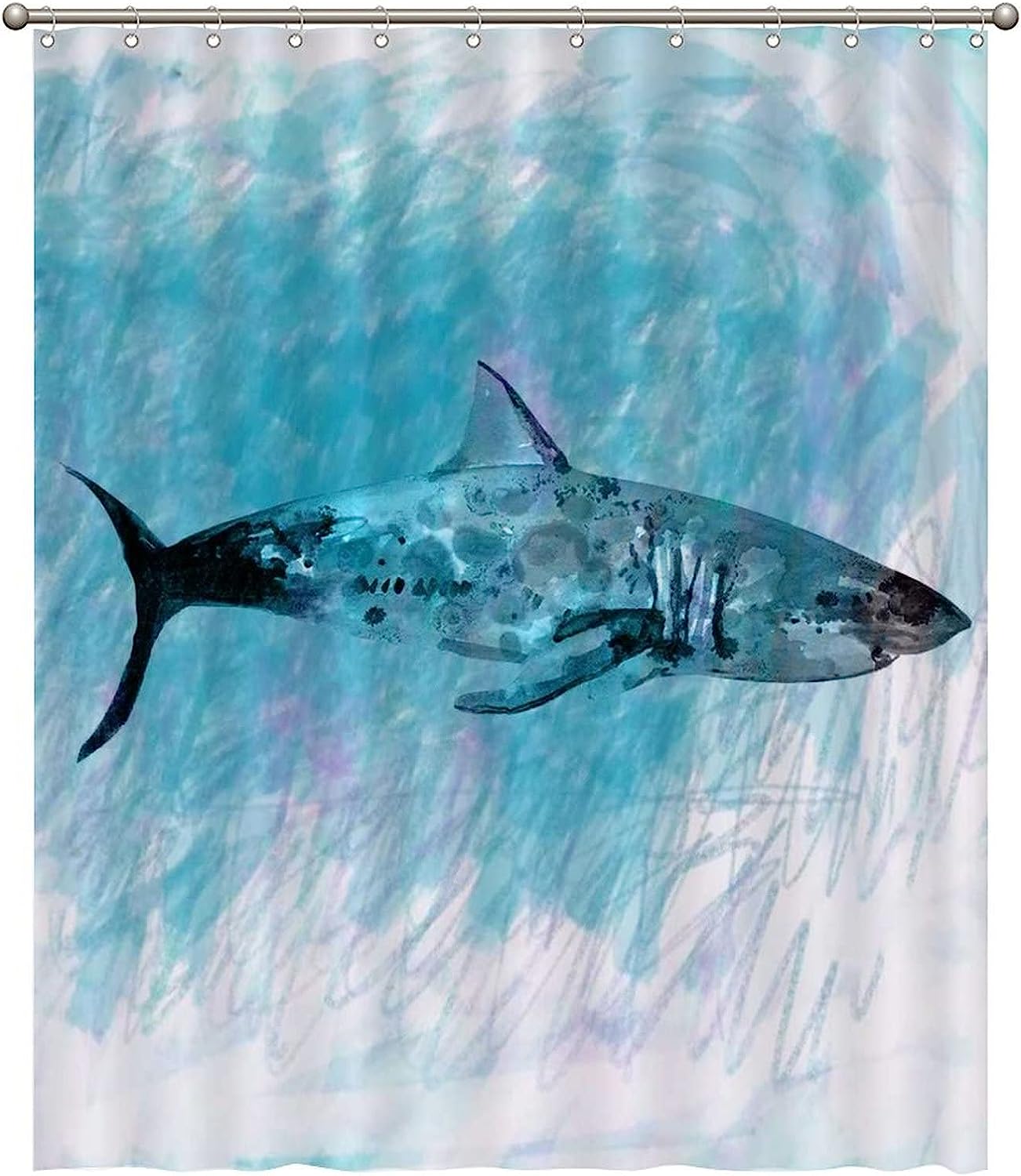 Rustic Washable Shower Curtain Decorative For Bathroom Bathtub, Marine Theme Marine Life Shark Blue Background