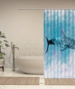 Rustic Washable Shower Curtain Decorative For Bathroom Bathtub, Marine Theme Marine Life Shark Blue Background