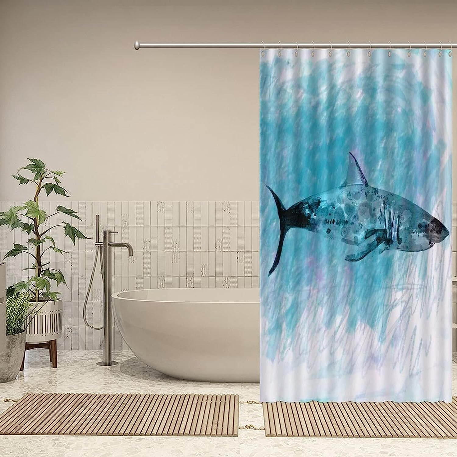 Rustic Washable Shower Curtain Decorative For Bathroom Bathtub, Marine Theme Marine Life Shark Blue Background