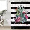 Rustic Watercolor Cactus Black White Striped Shower Curtain for Summer Bathroom Decor 