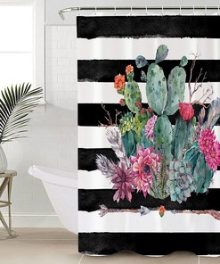 Rustic Watercolor Cactus Black White Striped Shower Curtain for Summer Bathroom Decor 
