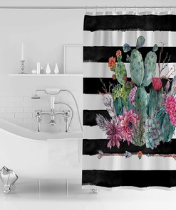 Rustic Watercolor Cactus Black White Striped Shower Curtain for Summer Bathroom Decor