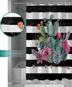 Rustic Watercolor Cactus Black White Striped Shower Curtain for Summer Bathroom Decor 