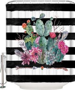 Rustic Watercolor Cactus Black White Striped Shower Curtain for Summer Bathroom Decor 