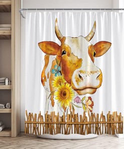 Rustic Watercolor Farm Animal Shower Curtain with Funny Cow and Sunflower Flower on Wood Board
