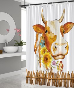 Rustic Watercolor Farm Animal Shower Curtain with Funny Cow and Sunflower Flower on Wood Board