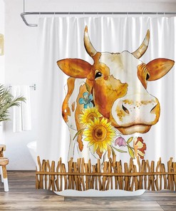 Rustic Watercolor Farm Animal Shower Curtain with Funny Cow and Sunflower Flower on Wood Board