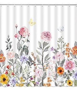 Rustic Watercolor Floral Butterfly Shower Curtain, Spring Bathroom Decor with Pink Flowers