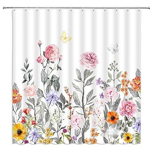 Rustic Watercolor Floral Butterfly Shower Curtain, Spring Bathroom Decor with Pink Flowers