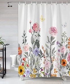 Rustic Watercolor Floral Butterfly Shower Curtain, Spring Bathroom Decor with Pink Flowers