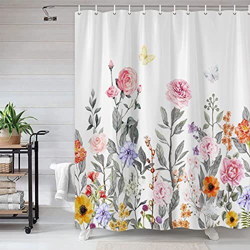 Rustic Watercolor Floral Butterfly Shower Curtain, Spring Bathroom Decor with Pink Flowers