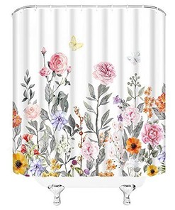 Rustic Watercolor Floral Butterfly Shower Curtain, Spring Bathroom Decor with Pink Flowers