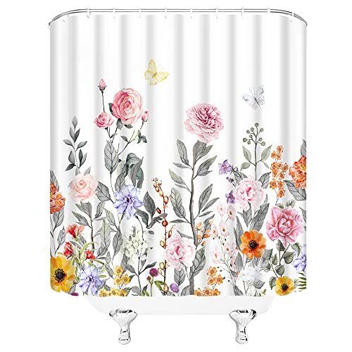Rustic Watercolor Floral Butterfly Shower Curtain, Spring Bathroom Decor with Pink Flowers