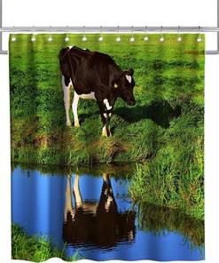 Rustic Watercolour Funny Cow Nature Restroom Shower Curtain Waterproof Washable Black Green