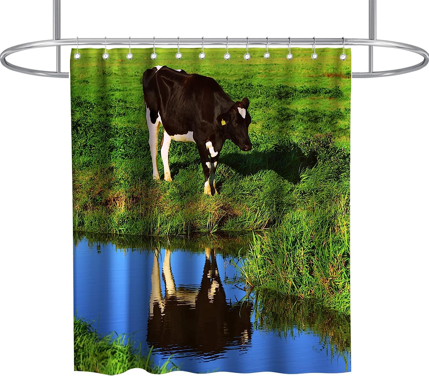 Rustic Watercolour Funny Cow Nature Restroom Shower Curtain Waterproof Washable Black Green