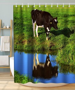 Rustic Watercolour Funny Cow Nature Restroom Shower Curtain Waterproof Washable Black Green