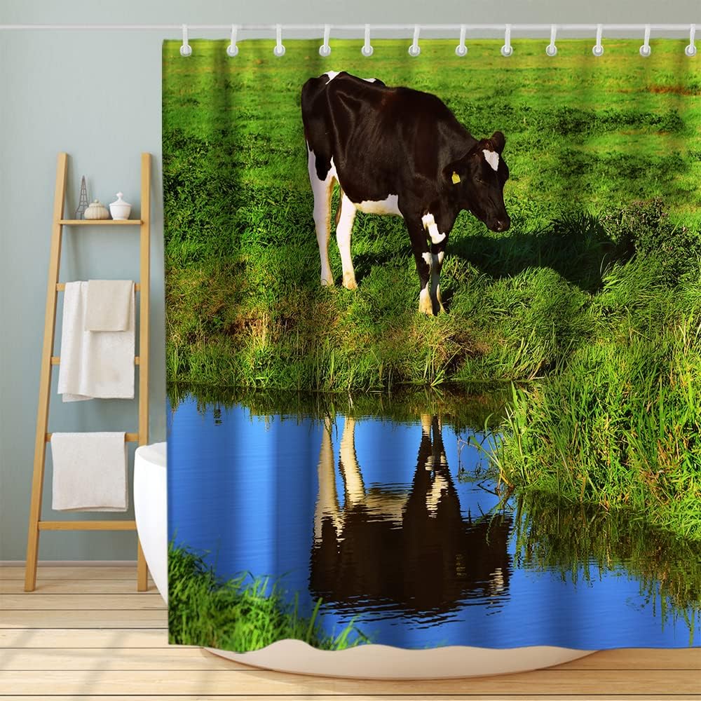 Rustic Watercolour Funny Cow Nature Restroom Shower Curtain Waterproof Washable Black Green
