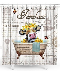 Rustic Waterproof Farmhouse Shower Curtain With Pastoral Cow For Bathroom