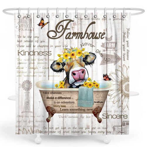 Rustic Waterproof Farmhouse Shower Curtain With Pastoral Cow For Bathroom