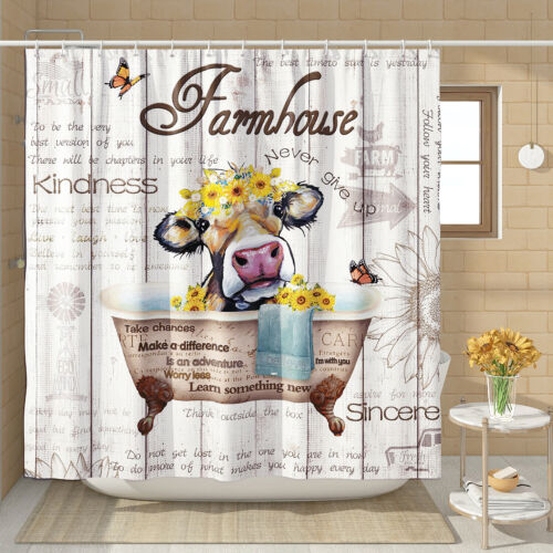 Rustic Waterproof Farmhouse Shower Curtain With Pastoral Cow For Bathroom