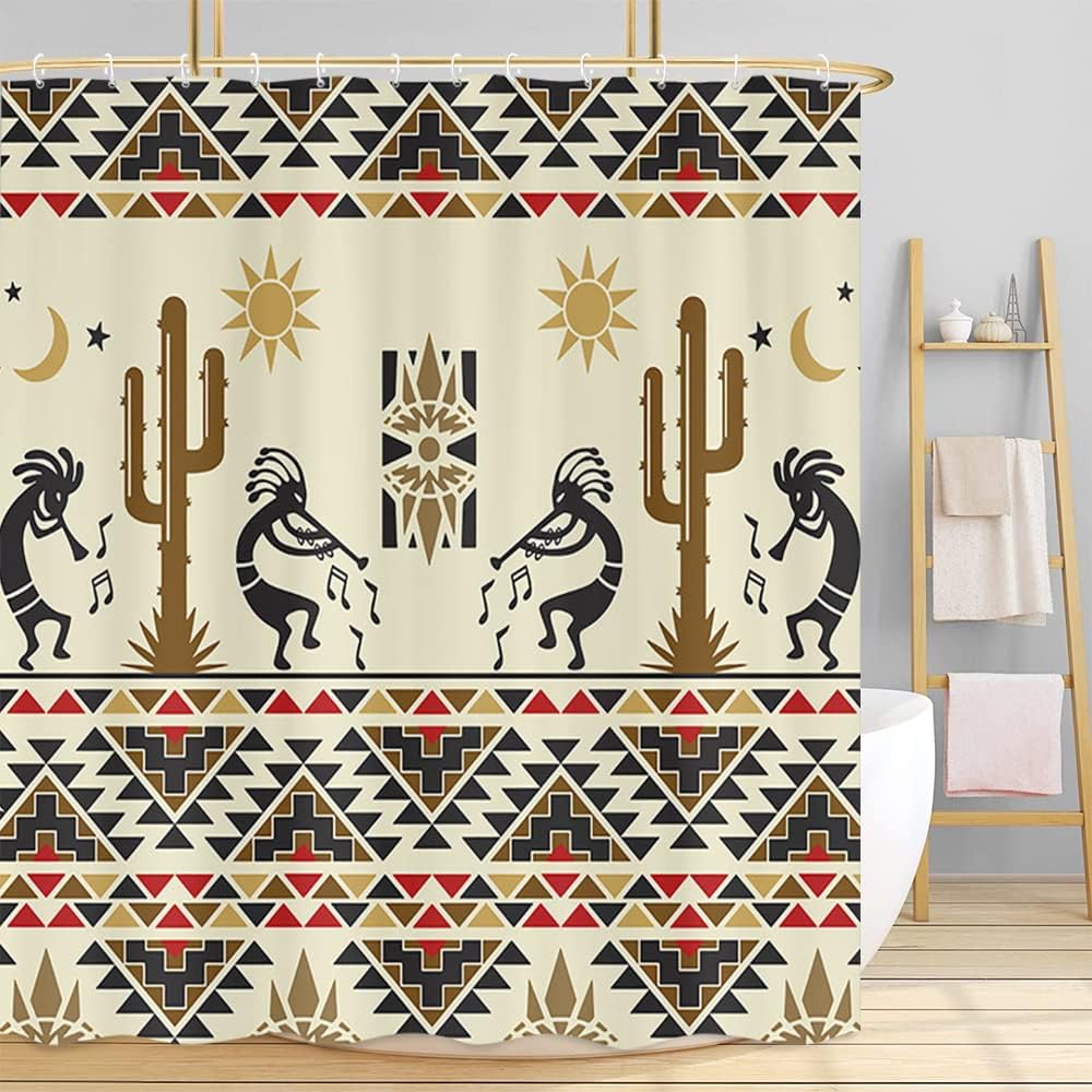 Rustic Western Boho Shower Curtain with Southwestern Native American and Tribal Prints