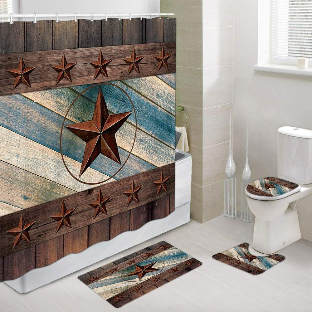 Rustic Western Cowboy Country Farmhouse Barn Texas Stars Shower Curtain for Bathroom Decor