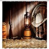 Rustic Western Shower Curtain with Brown Wooden Board and Cowboy Hat Boots for Western Bathroom Decor