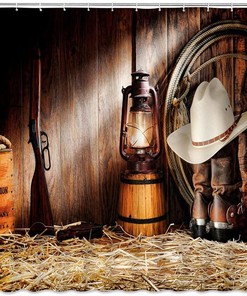 Rustic Western Shower Curtain with Brown Wooden Board and Cowboy Hat Boots for Western Bathroom Decor