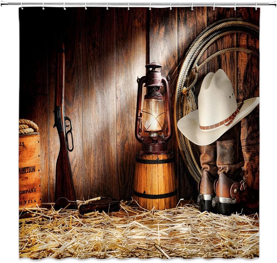 Rustic Western Shower Curtain with Brown Wooden Board and Cowboy Hat Boots for Western Bathroom Decor