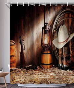 Rustic Western Shower Curtain with Brown Wooden Board and Cowboy Hat Boots for Western Bathroom Decor