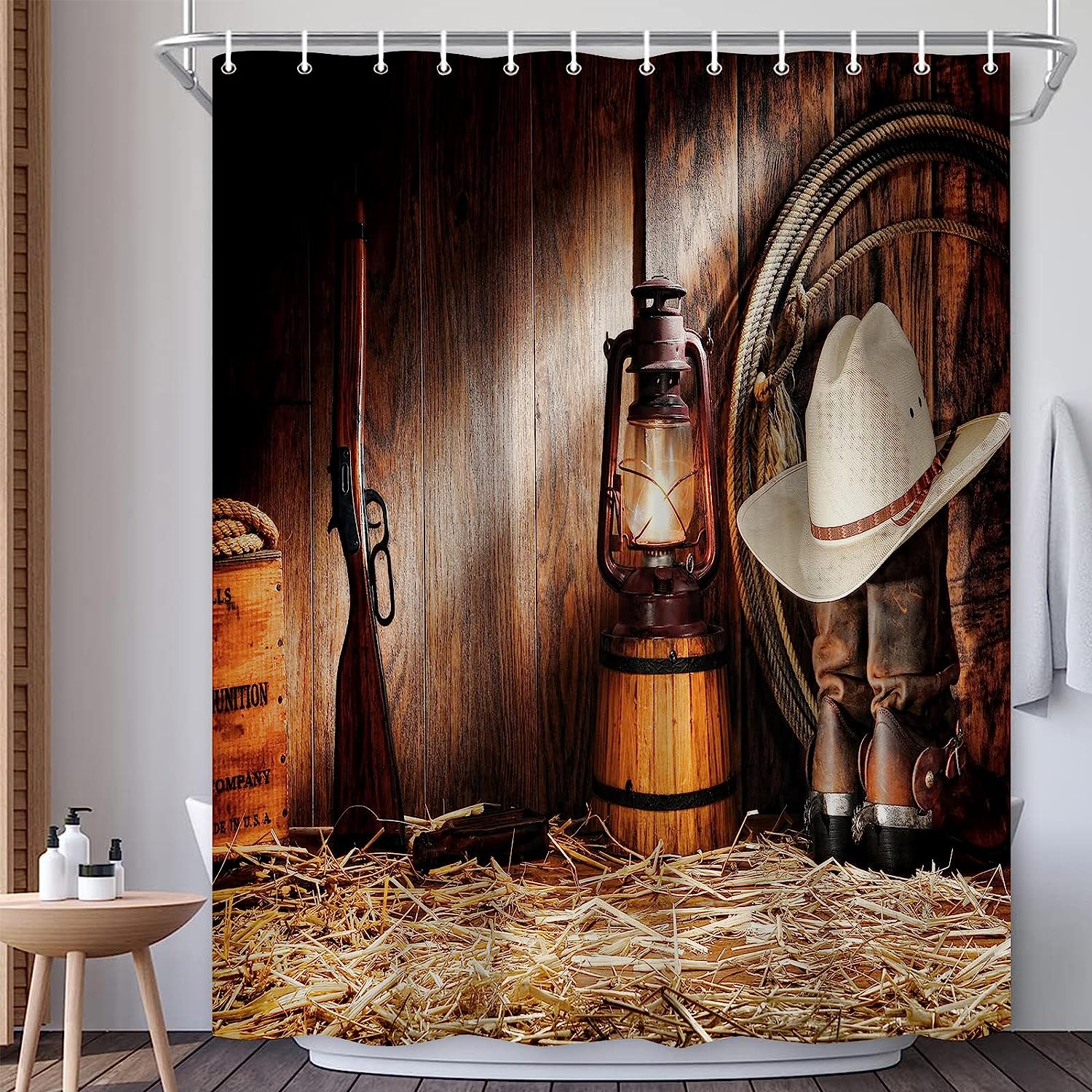 Rustic Western Shower Curtain with Brown Wooden Board and Cowboy Hat Boots for Western Bathroom Decor