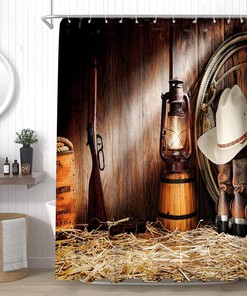 Rustic Western Shower Curtain with Brown Wooden Board and Cowboy Hat Boots for Western Bathroom Decor