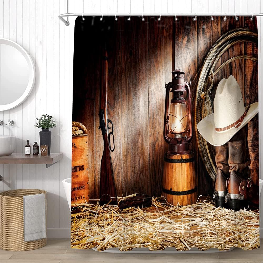 Rustic Western Shower Curtain with Brown Wooden Board and Cowboy Hat Boots for Western Bathroom Decor