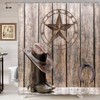 Rustic Western Star Shower Curtain - Wooden Board Bathroom Decor with Texas Star, Horseshoes, and Cowboy Hat and Boots