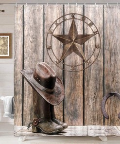 Rustic Western Star Shower Curtain - Wooden Board Bathroom Decor with Texas Star, Horseshoes, and Cowboy Hat and Boots