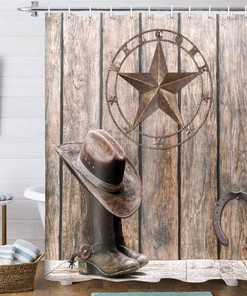Rustic Western Star Shower Curtain - Wooden Board Bathroom Decor with Texas Star, Horseshoes, and Cowboy Hat and Boots