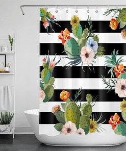 Rustic Western Succulent Shower Curtain, Colorful Flower On Black And White Striped Fabric, Bathroom Curtains Set 