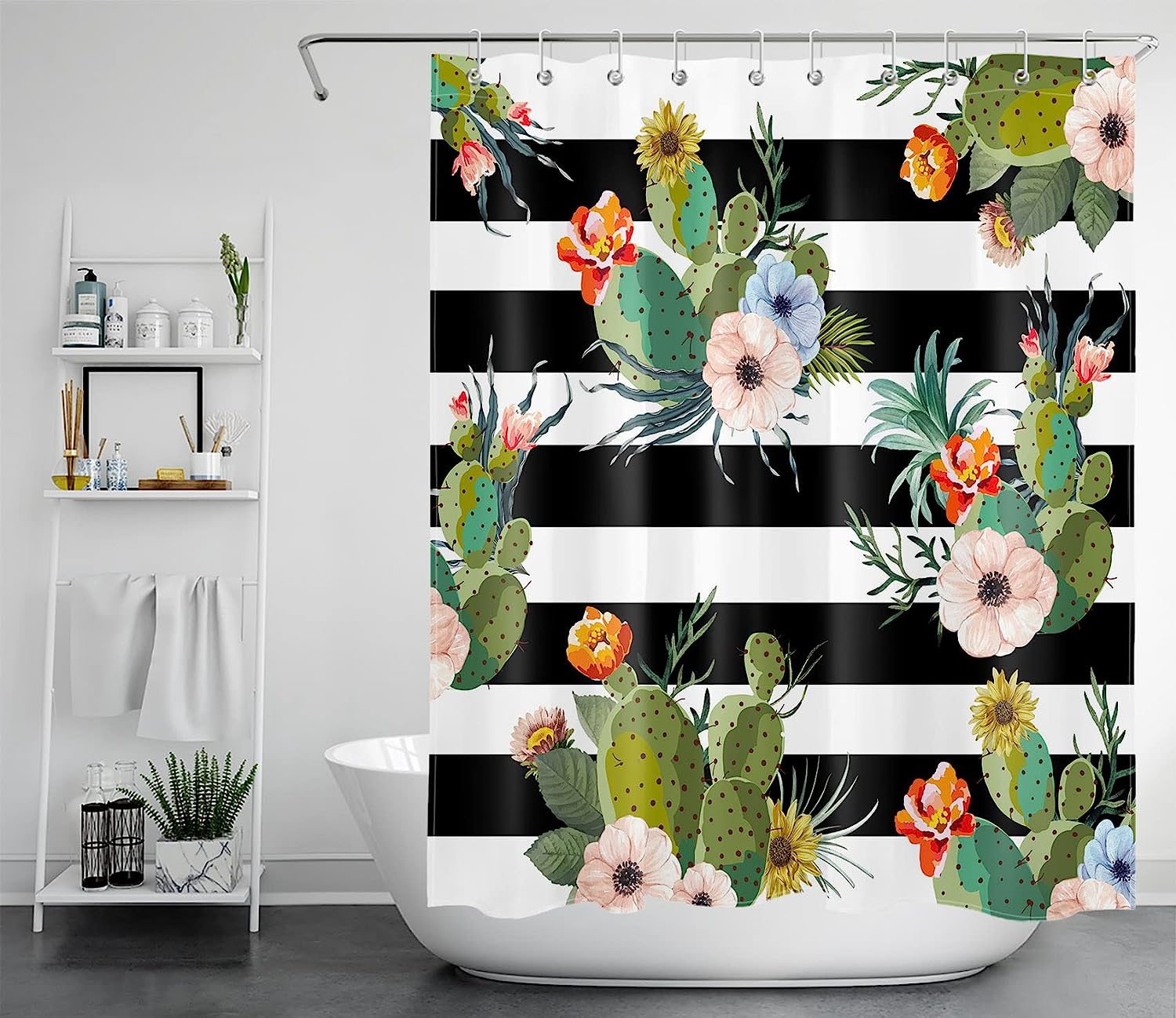 Rustic Western Succulent Shower Curtain, Colorful Flower On Black And White Striped Fabric, Bathroom Curtains Set