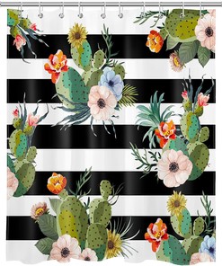 Rustic Western Succulent Shower Curtain, Colorful Flower On Black And White Striped Fabric, Bathroom Curtains Set