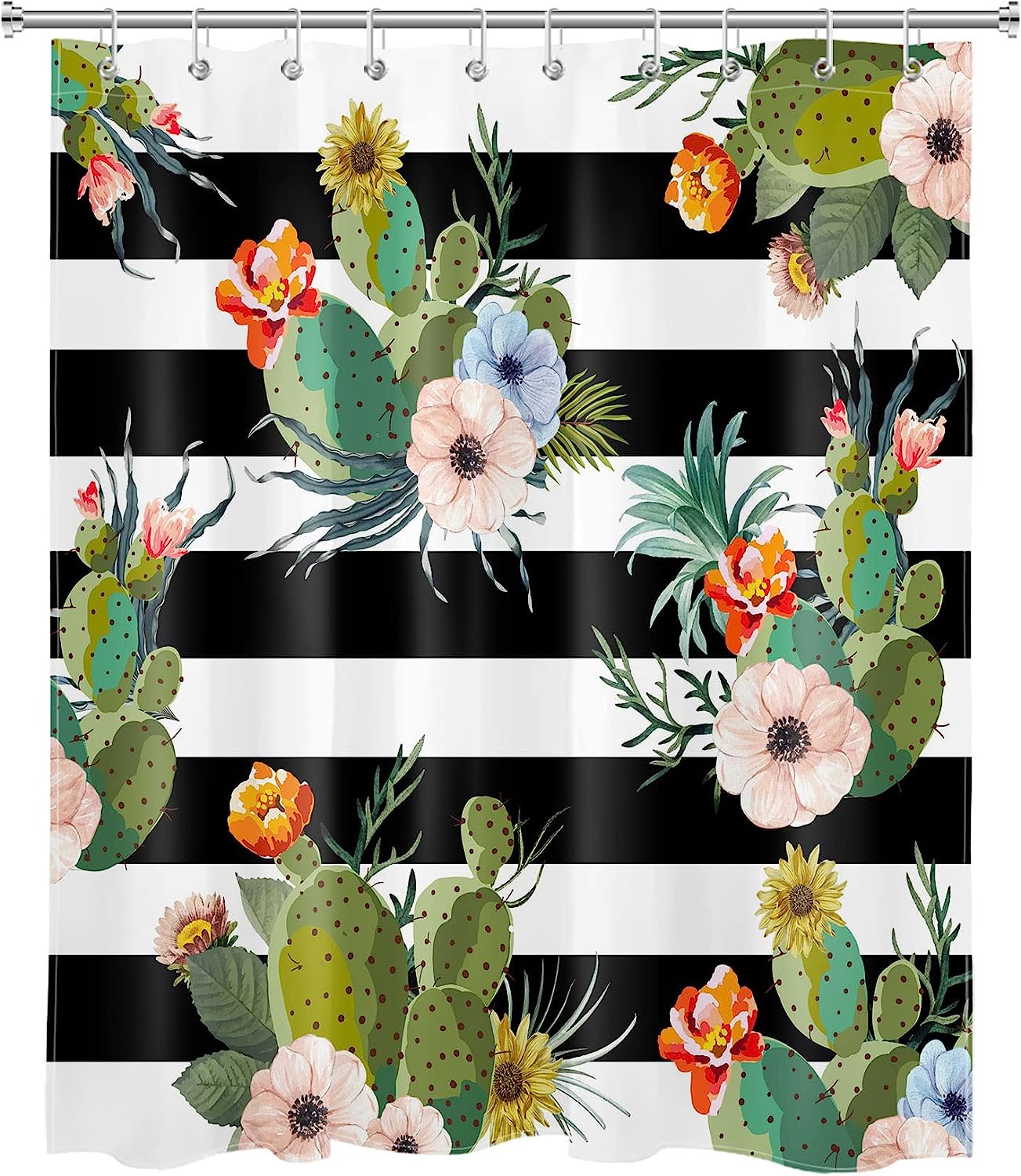 Rustic Western Succulent Shower Curtain, Colorful Flower On Black And White Striped Fabric, Bathroom Curtains Set
