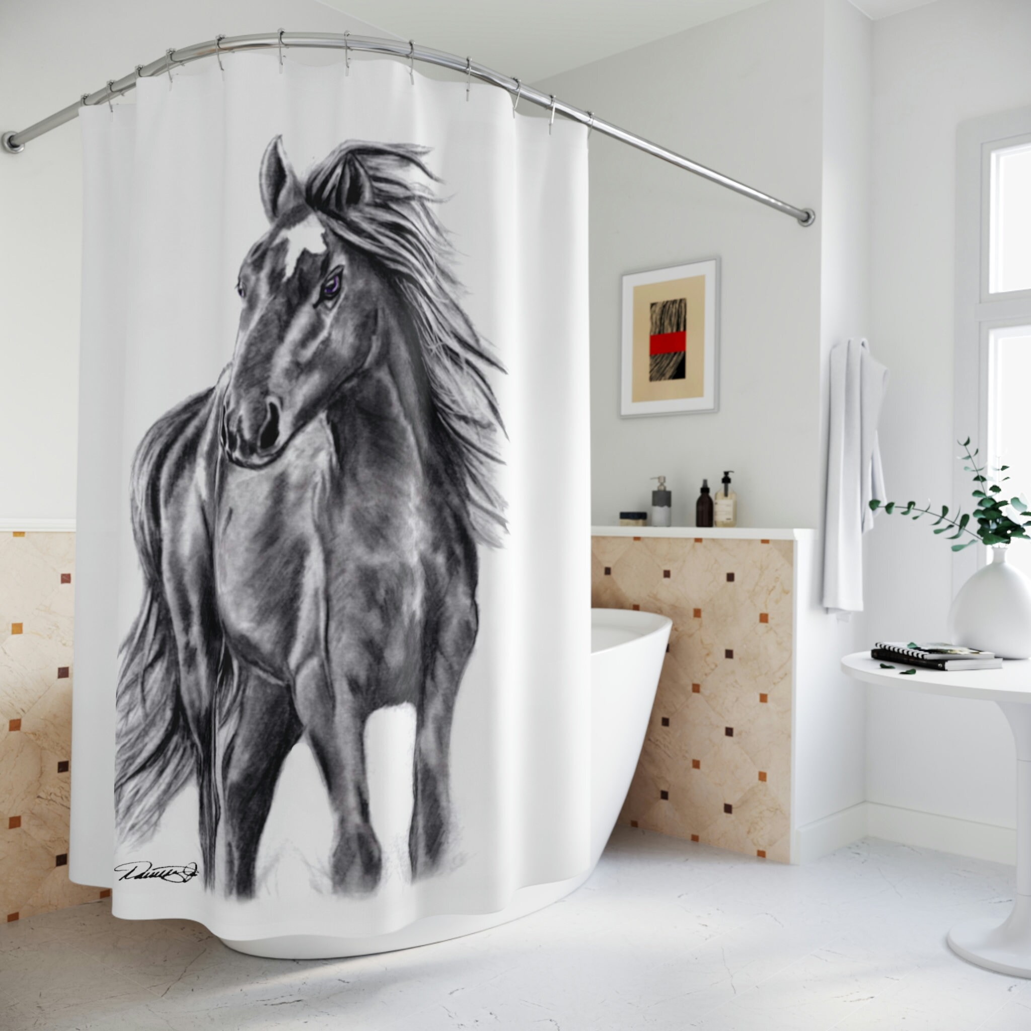 Rustic Western Theme Shower Curtain with Wild Horse Riding Artwork