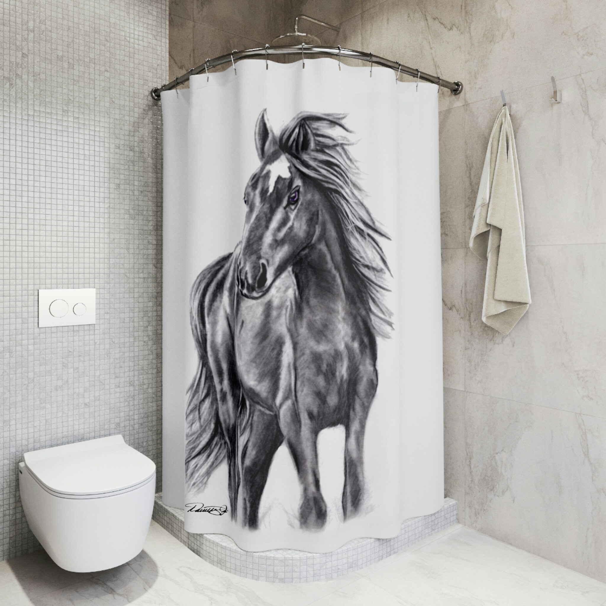 Rustic Western Theme Shower Curtain with Wild Horse Riding Artwork