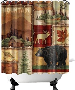 Rustic Wild Animal Shower Curtain Moose Bear Fish Fall Mountain Lake Splicing Fabric For Farmhouse Bathroom Decors